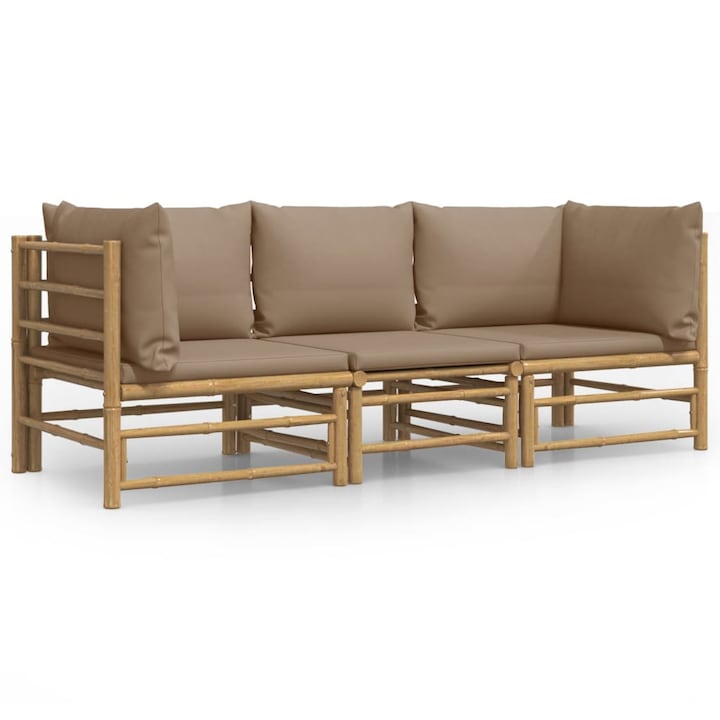 Set mobilier de gradina cu perne gri taupe vidaXL, 3 piese, bambus, 55 x 69 x 65 cm, 26.5 kg