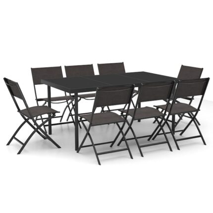 Set mobilier de exterior vidaXL, Otel, 150 x 90 x 74 cm, Negru, 9 piese