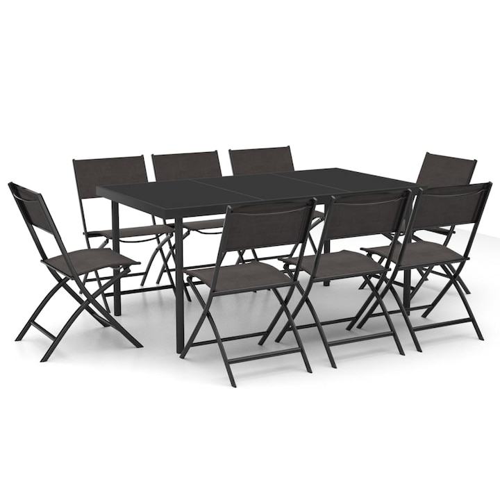 Set mobilier de exterior vidaXL, Otel, 150 x 90 x 74 cm, Negru, 9 piese