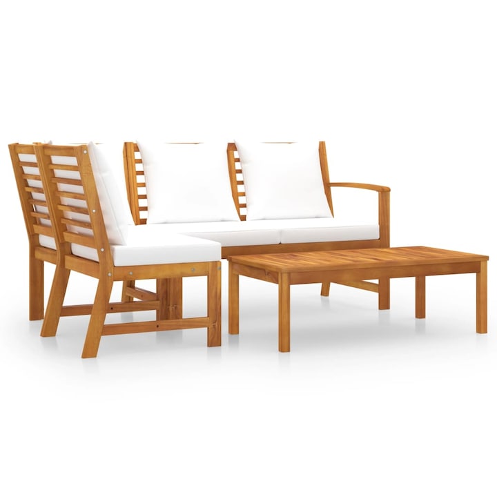 Set mobilier de gradina cu 4 piese cu perne crem incluse, vidaXL, Lemn de acacia, 114.5 x 60.5 x 81 cm, Maro