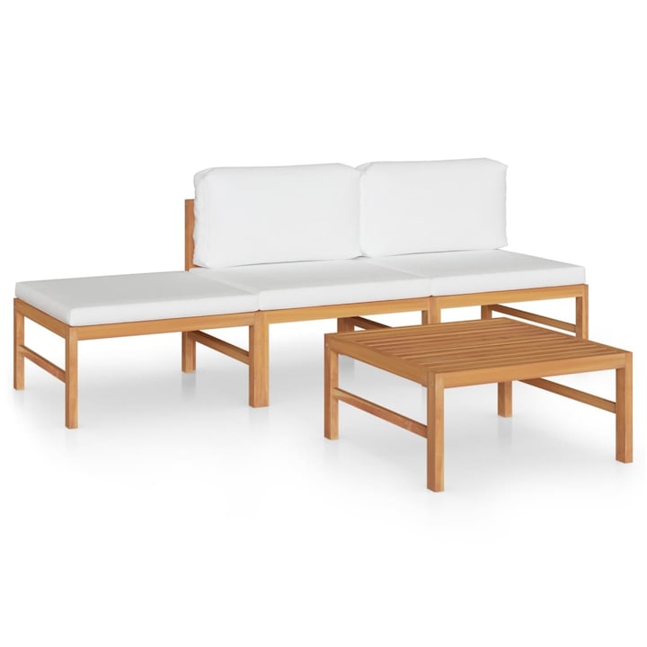 Set mobilier de gradina cu 2 canapele, 1 taburet cu perne si 1 masa vidaXL, Lemn de tec, Maro/Crem