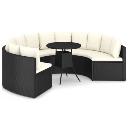 Set mobilier de gradina semirotund cu 7 piese cu perne vidaXL, Poliratan, 70 x 73 cm, Negru