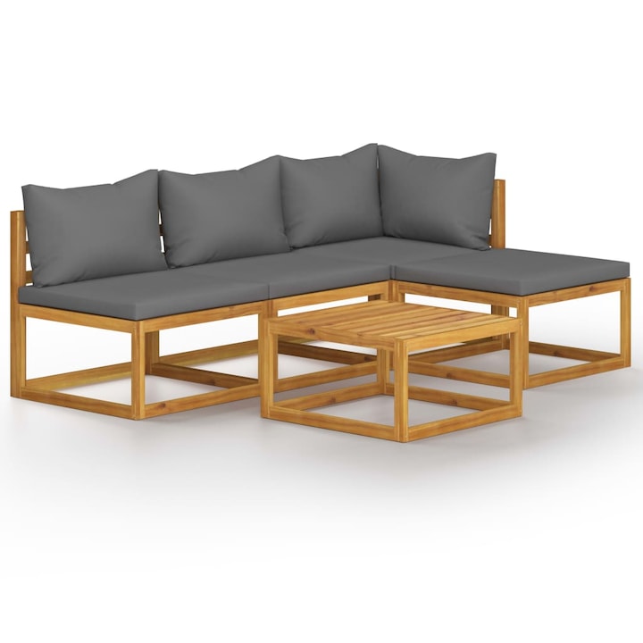 Set mobilier de gradina cu 5 piese cu perne gri inchis incluse, vidaXL, Lemn de acacia, 68 x 68 x 29 cm, Gri