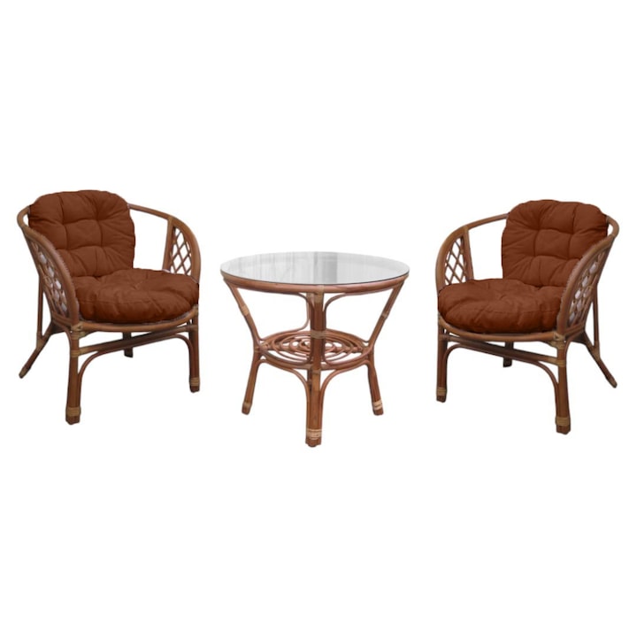 Set mobilier de gradina Bali cu perne maro, 3 piese, Cadru robust si usor, natural, Ratan