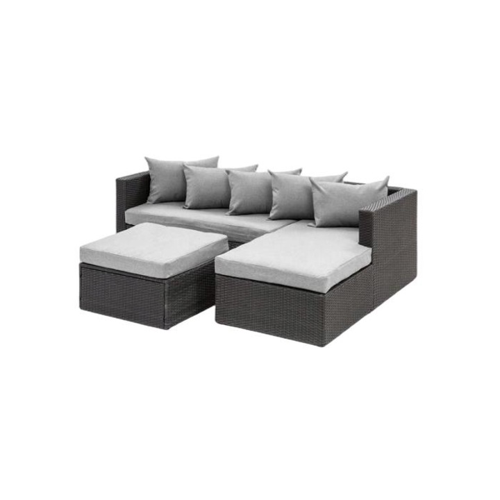 Set mobilier de exterior, Otel/Polyrattan, Rezistent la UV, 62 x 200 cm, 5 piese, Negru/Gri