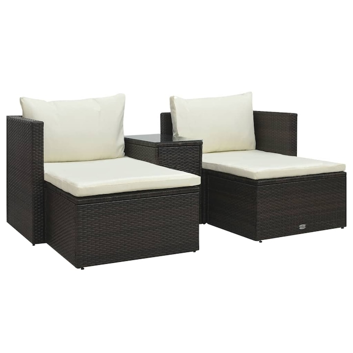 Set mobilier de gradina 5 piese sezlonguri si masa, vidaXL, Poliratan, 90 x 70 x 62 cm, Maro/Alb