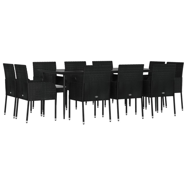 Set mobilier de gradina cu perne vidaXL, 11 piese, negru, poliratan, 48 x 55 x 88 cm, 56.56 kg