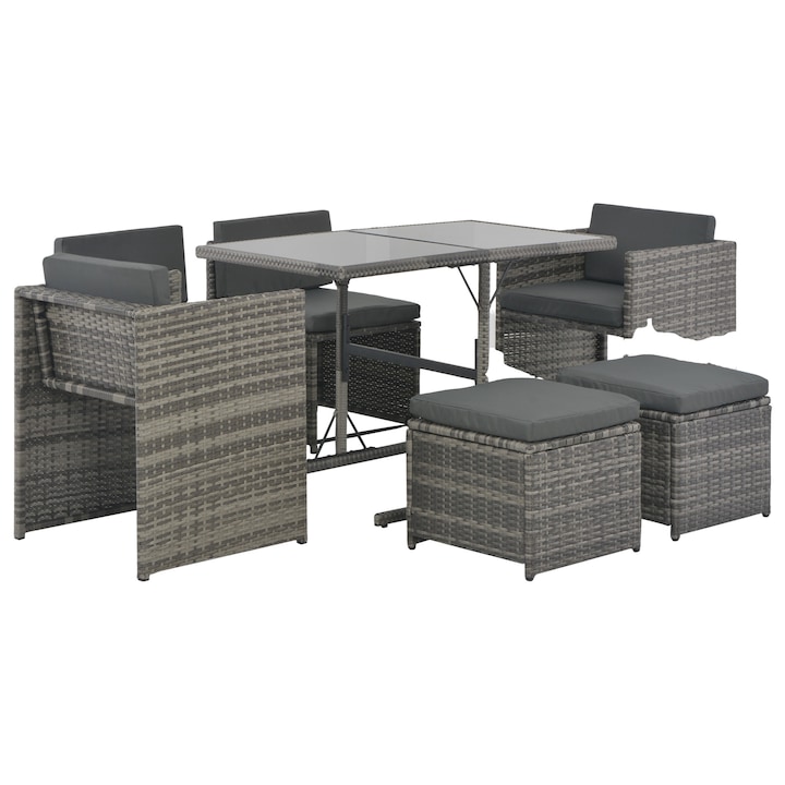 Set mobilier de exterior cu 7 piese, masa, fotolii si tabureti, vidaXL, Poliratan, Gri, 110 x 60.5 x 72 cm