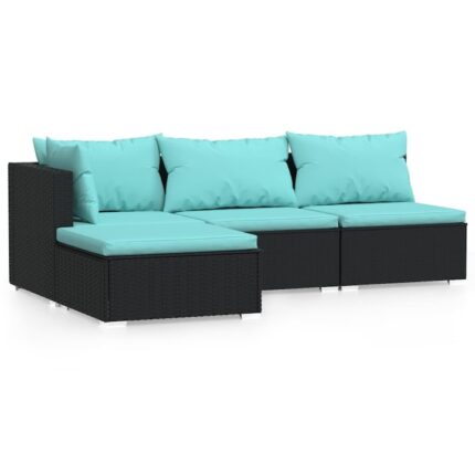 Set mobilier de gradina cu perne vidaXL, 4 piese, negru, poliratan, 70 x 70 x 60,5 cm