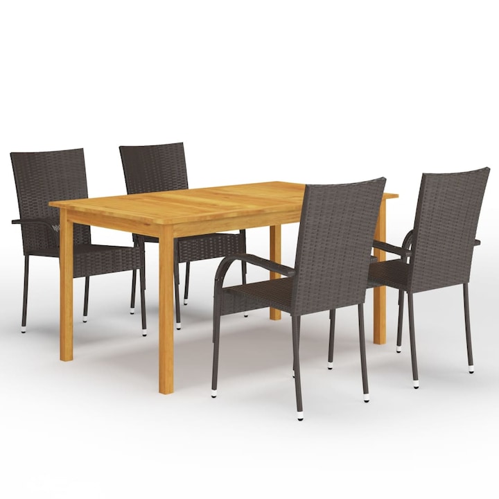 Set mobilier de gradina cu 1 masa din lemn masiv si 4 scaune, vidaXL, Lemn/Ratan, 150 x 90 x 74 cm, Maro