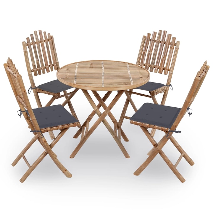 Set mobilier de exterior pliabil vidaXL, cu perne, 5 piese, bambus, 80 x 70 cm, 13.11 kg 3063960