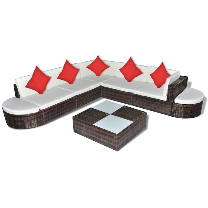 Set mobilier de gradina cu 27 piese, canapea in L, taburet si masa, vidaXL, Poliratan, Maro, 243.5 x 243.5 x 53.5 cm