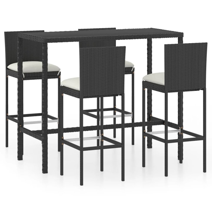 Set mobilier bar de gradina din 4 scaune cu perne si 1 masa dreptunghiulara vidaXL, Poliratan, 130 x 60 x 110 cm, Negru/Crem
