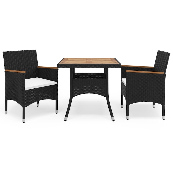 Mobilier de gradina cu 3 piese cu perne crem, vidaXL, Poliratan, 80 x 80 x 75 cm, Negru