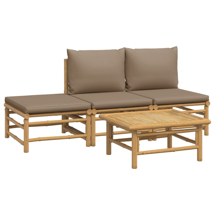 Set mobilier de gradina cu perne gri taupe vidaXL, 4 piese, bambus, 55 x 65 x 30 cm, 24 kg