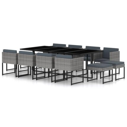 Set mobila de gradina cu 13 piese cu perne, vidaXL, Poliratan, 221 x 109 x 72 cm, Gri