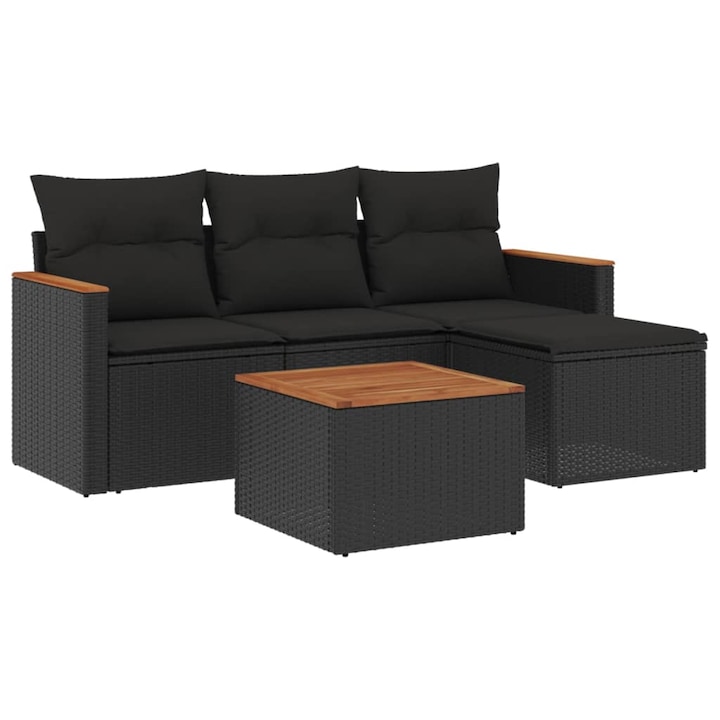 negru Set mobilier de gradina cu perne vidaXL, 5 piese, negru, poliratan, 32.88 Kg