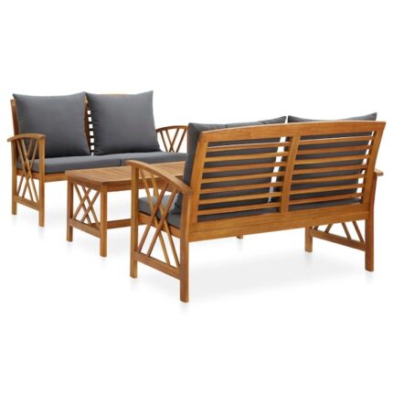 Set mobilier de exterior cu 1 masa si 2 banci cu perne gri inchis, vidaXL, Lemn, 102 x 50 x 43 cm, Maro