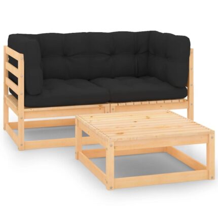 Set mobilier gradina cu perne vidaXL, 3 piese, lemn masiv de pin, 70 x 70 x 67 cm, 33 kg