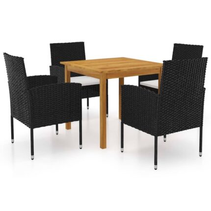 Set mobilier de gradina cu 4 scaune cu perne si 1 masa blat lemn masiv vidaXL, 52 x 56 x 88 cm, perna 3 cm, Negru/Crem