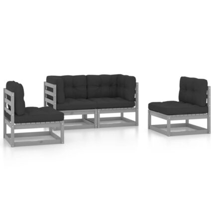 Set mobilier de gradina cu perne vidaXL, 4 piese, lemn masiv de pin, 70 x 70 x 67 cm, 48.1 kg