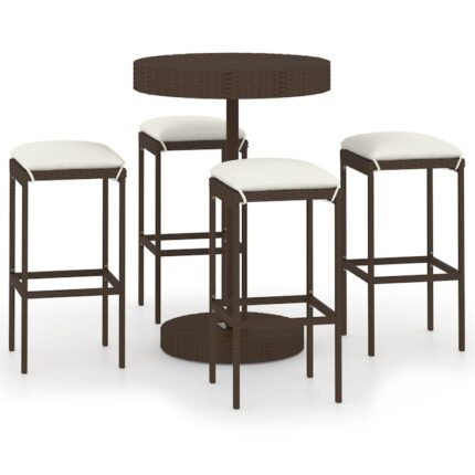 Set mobilier bar de gradina cu 4 scaune inalte cu perne si masa rotunda vidaXL, Poliratan, 75.5 x 106 cm, Maro/Crem