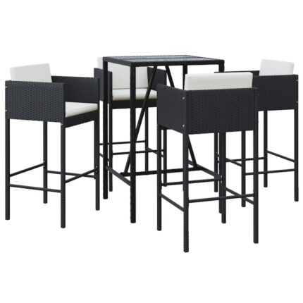 Set mobilier bar de gradina cu perne vidaXL, 5 piese, negru, poliratan, 39.4 Kg, 1 x Masa de bar, 4 x Scaun de bar