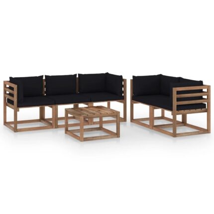 Set mobilier de gradina cu 5 canapele cu perne si 1 masa vidaXL, Lemn, 60 x 60 x 36.5 cm, Maro/Negru