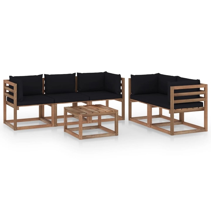 Set mobilier de gradina cu 5 canapele cu perne si 1 masa vidaXL, Lemn, 60 x 60 x 36.5 cm, Maro/Negru