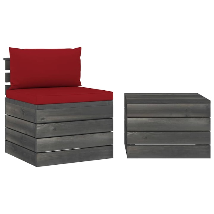 Set mobilier de gradina cu 1 masa si 1 canapea cu perne, vidaXL, Lemn, 60 x 65 x 71.5cm, Rosu vin