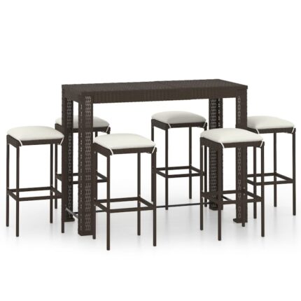 Set mobilier bar de gradina din 7 piese cu perne crem vidaXL, Poliratan, 140.5 x 60.5 x 110.5 cm, Maro