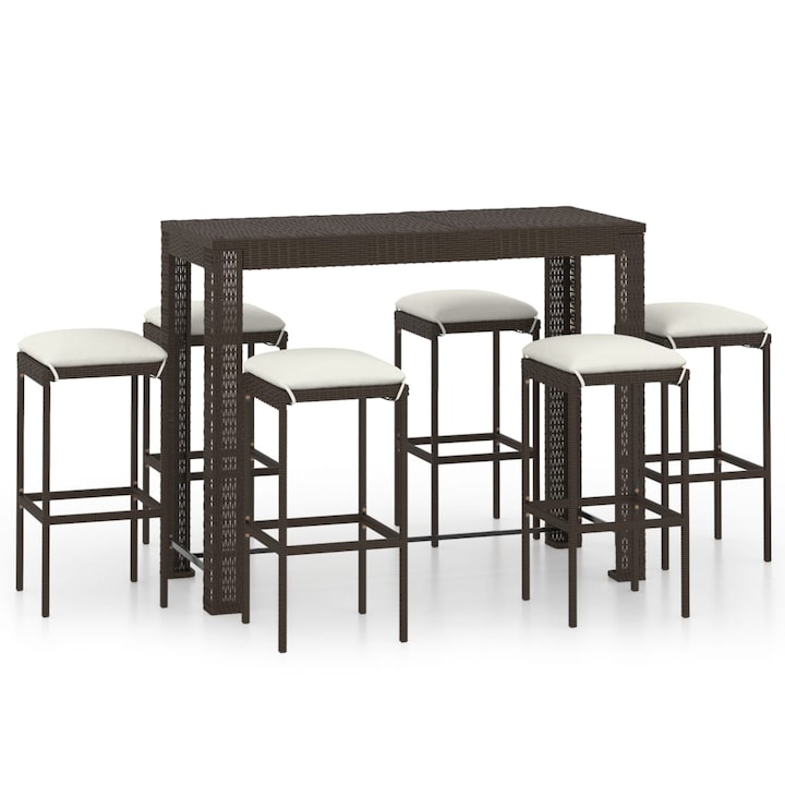 Set mobilier bar de gradina din 7 piese cu perne crem vidaXL, Poliratan, 140.5 x 60.5 x 110.5 cm, Maro
