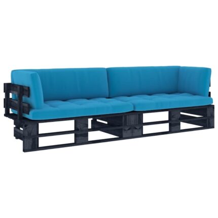 Set canapea din paleti 2 locuri vidaXL, cu perne negru lemn de pin tratat, 15.15 kg, 110x65x55 cm