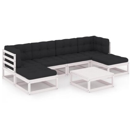 Set mobilier de gradina cu perne, 7 piese, alb, lemn masiv de pin