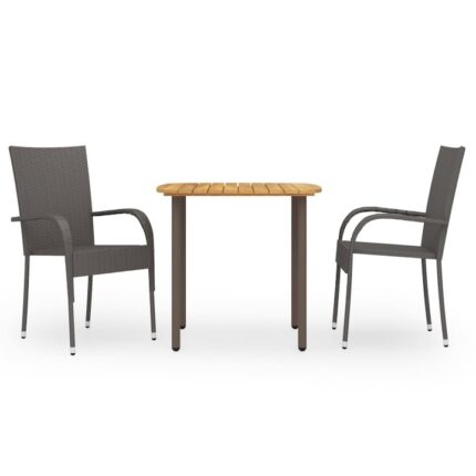 Set mobilier de terasa sau balcon 3 piese, masa cu 2 scaune, vidaXL, Lemn masiv/Ratan, 80 x 80 x 72 cm, Maro
