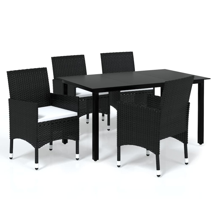 Set mobilier de gradina cu masa blat sticla si 4 scaune cu perne vidaXL, Poliratan, 150 x 90 x 74 cm, Negru/Crem, 45.6 kg