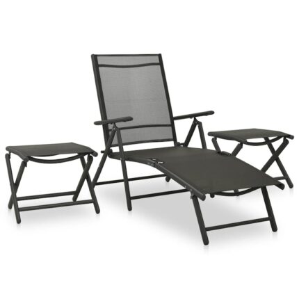 Set mobilier de gradina 3 piese sezlong cu tabureti vidaXL, Aluminiu si textilena, Negru