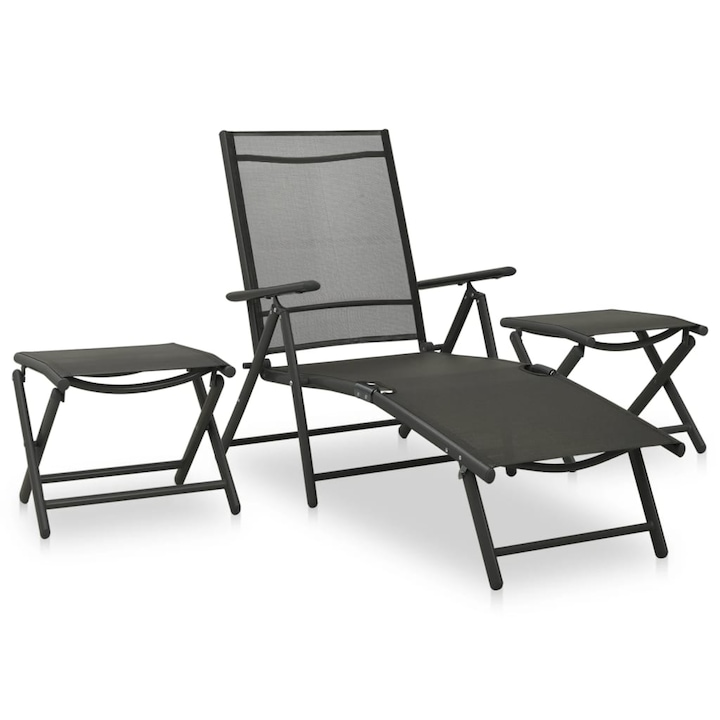 Negru Set mobilier de gradina 3 piese sezlong cu tabureti vidaXL, Aluminiu si textilena, Negru