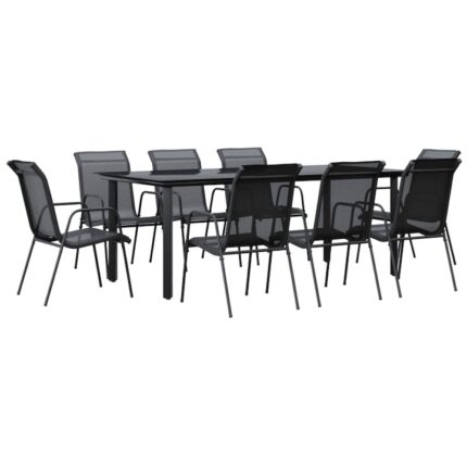 Set mobilier de gradina vidaXL, 9 piese, negru, otel si textilena, 200 x 100 x 74 cm, 43.05 Kg