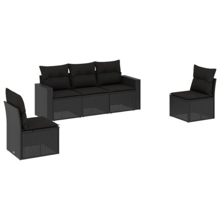 Set mobilier de gradina cu perne vidaXL, 5 piese, negru, poliratan, 21.9 Kg