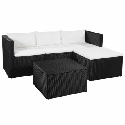 Set mobilier de gradina - canapes si masa cu perne albe, 10 piese, vidaXL, Ratan, Negru