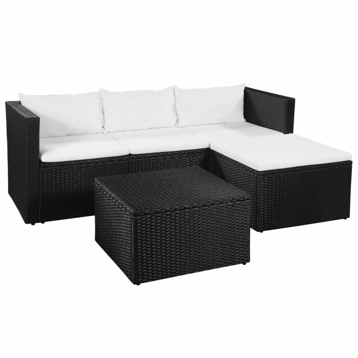 Set mobilier de gradina - canapes si masa cu perne albe, 10 piese, vidaXL, Ratan, Negru