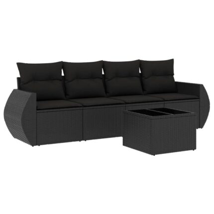 Set mobilier de gradina cu perne vidaXL, 5 piese, negru, poliratan, 29.1 Kg