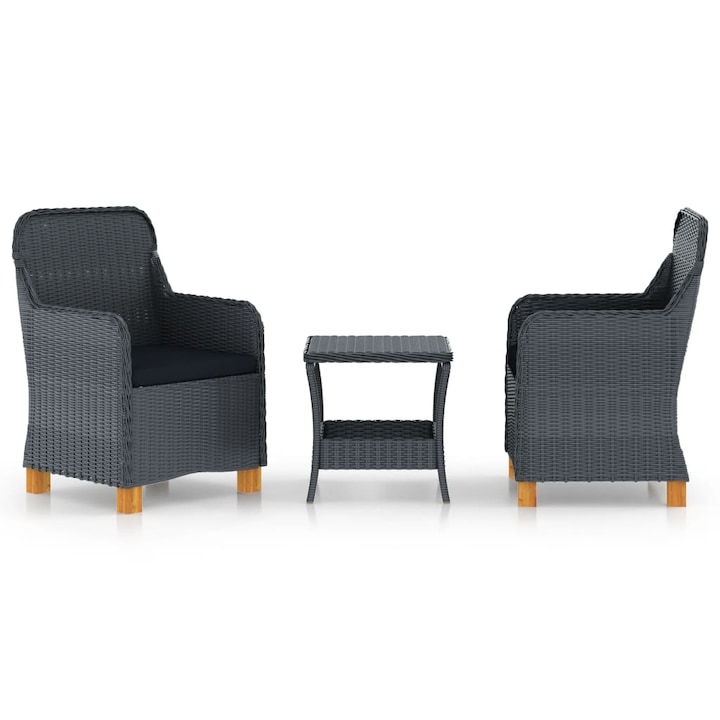 Set mobilier de exterior cu perne din 3 piese vidaXL, Poliratan, 45 x 45 x 46.5 cm, Gri