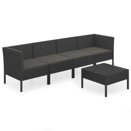 Set mobilier de gradina cu 1 masa/suport pentru picioare si 4 canapele cu perne vidaXL, Poliratan, 60 x 60 x 35 cm, Negru