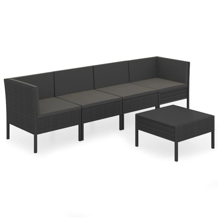 Set mobilier de gradina cu 1 masa/suport pentru picioare si 4 canapele cu perne vidaXL, Poliratan, 60 x 60 x 35 cm, Negru