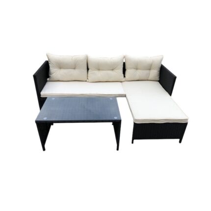Set mobilier gradina/ terasa Hectarul, canapea 64x120x64 cm, coltar 120x64x64 cm si masa 85x48x41 cm, perne incluse, poliratan / metal, negru/ bej