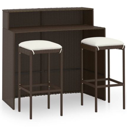 Set mobilier bar de gradina cu 1 masa si 2 tabureti cu perne vidaXL, Poliratan, 120 x 55 x 110 cm, Maro/Crem