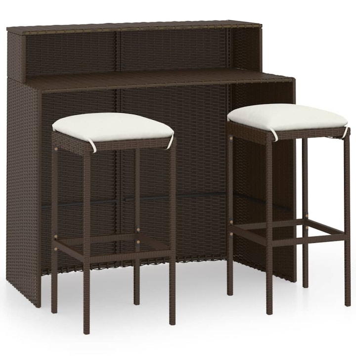 120 x 55 x 110 cm Set mobilier bar de gradina cu 1 masa si 2 tabureti cu perne vidaXL, Poliratan, 120 x 55 x 110 cm, Maro/Crem
