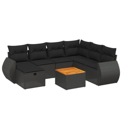 Set mobilier de gradina cu perne vidaXL, 8 piese, negru, poliratan, 54.32 Kg, Rezistenta la raze UV